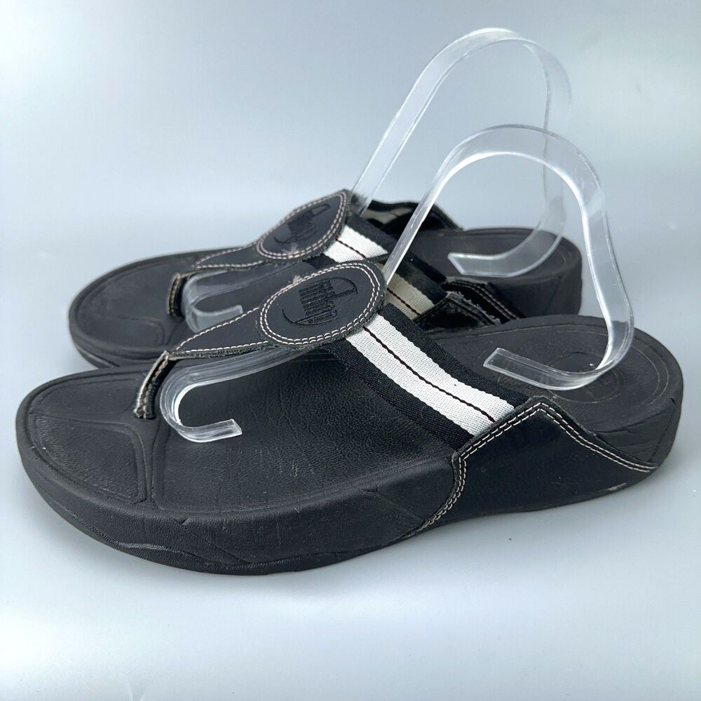 Women FitFlop Black Light Gray Pink Stripe Comfort Cushion Flip Flops EU 41 US 9